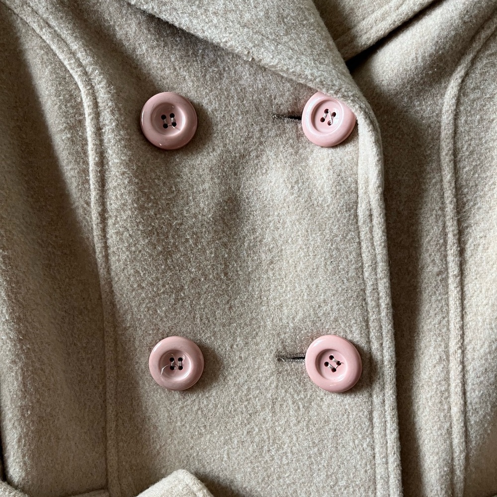 Women’s Beige Wool Blend Double Breasted Peacoat Belted Trench Coat Medium - Picture 3 of 15